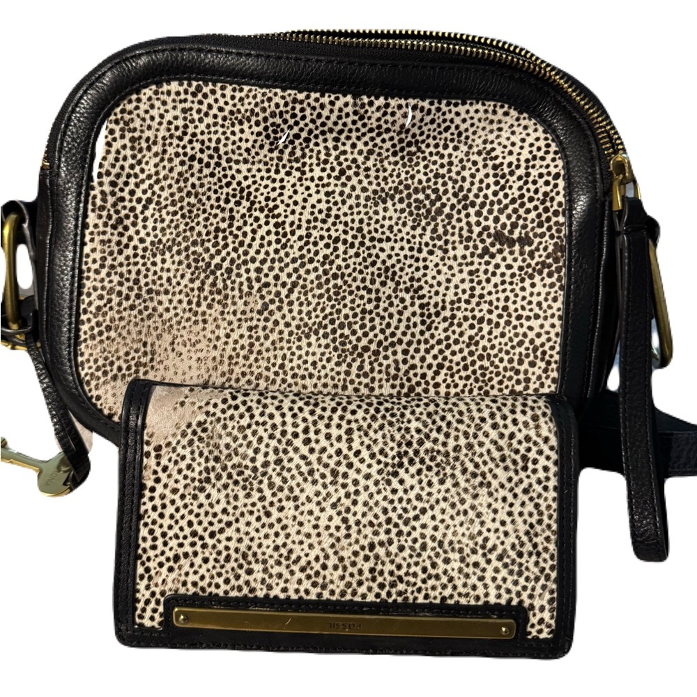 Fossil Black and Cream Leather Animal hair Crossbody Bag and wallet